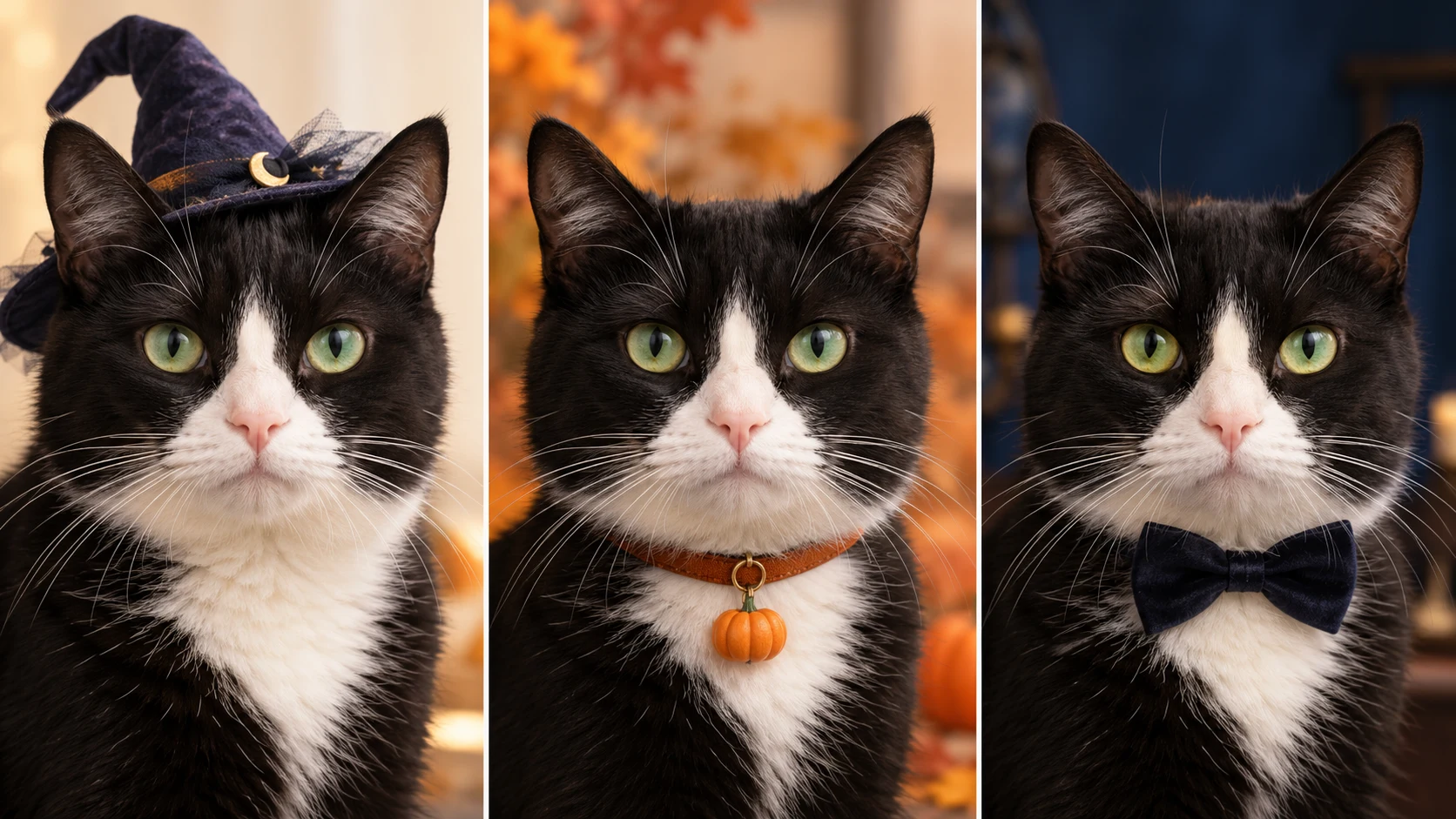 同じ白黒猫を3つのハロウィン衣装コンセプト（魔女の帽子、かぼちゃのチャーム、黒の蝶ネクタイ）で描いた比較