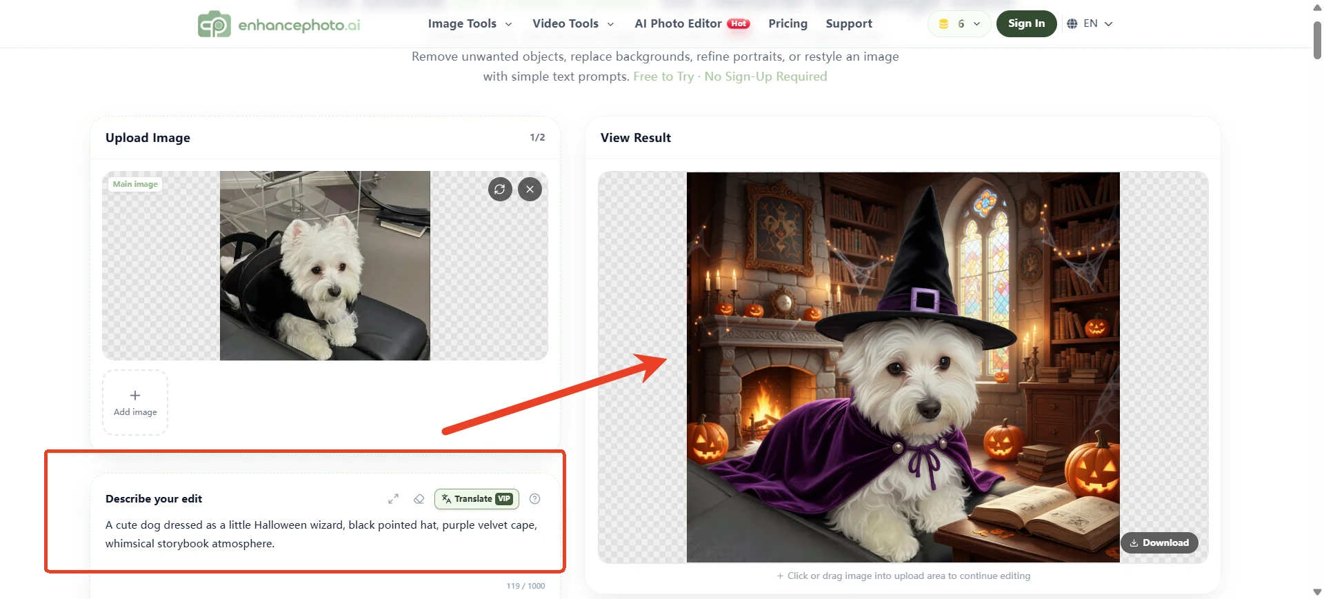 犬の写真・ハロウィン衣装プロンプト・生成プレビューを表示するEnhancePhoto.aiのAI写真エディタ画面