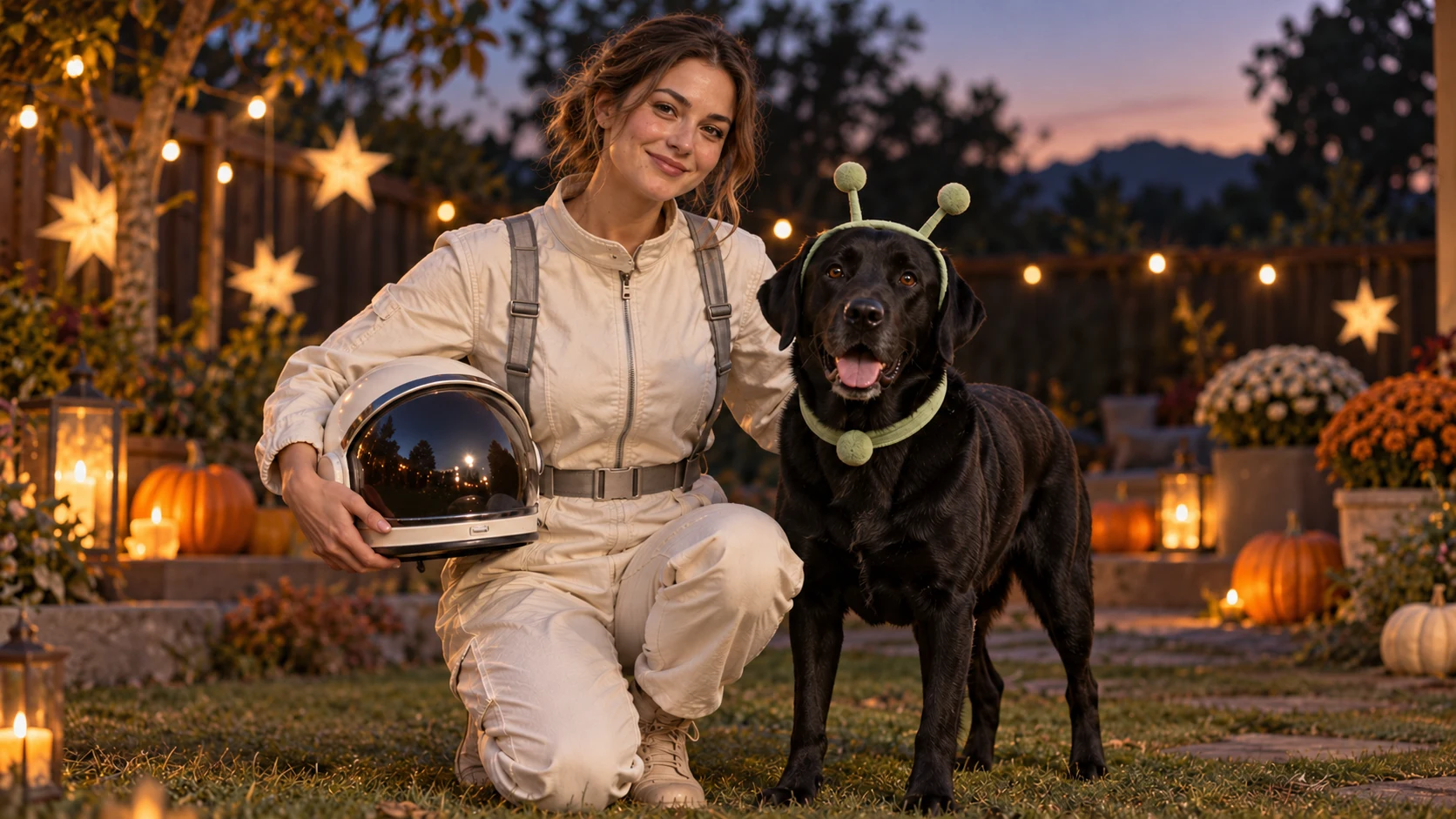ハロウィンに宇宙探検家の衣装を着た女性と、エイリアンのアンテナを付けた黒い犬