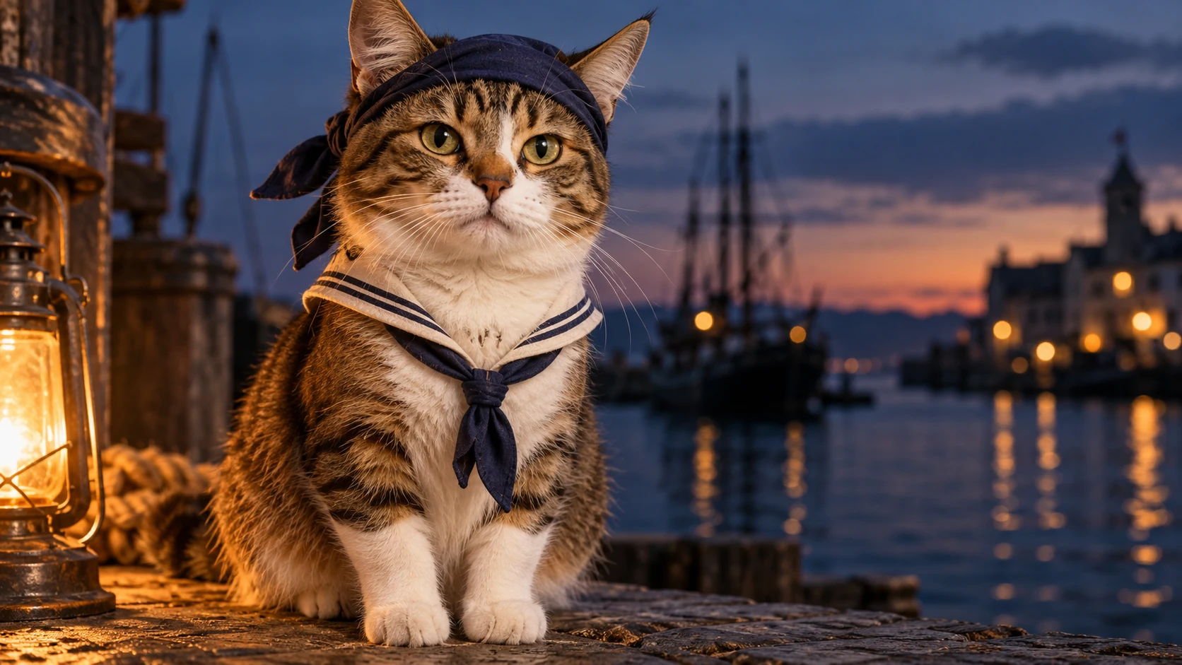 夕暮れの港で紺の海賊バンダナを付けた茶白のトラ猫