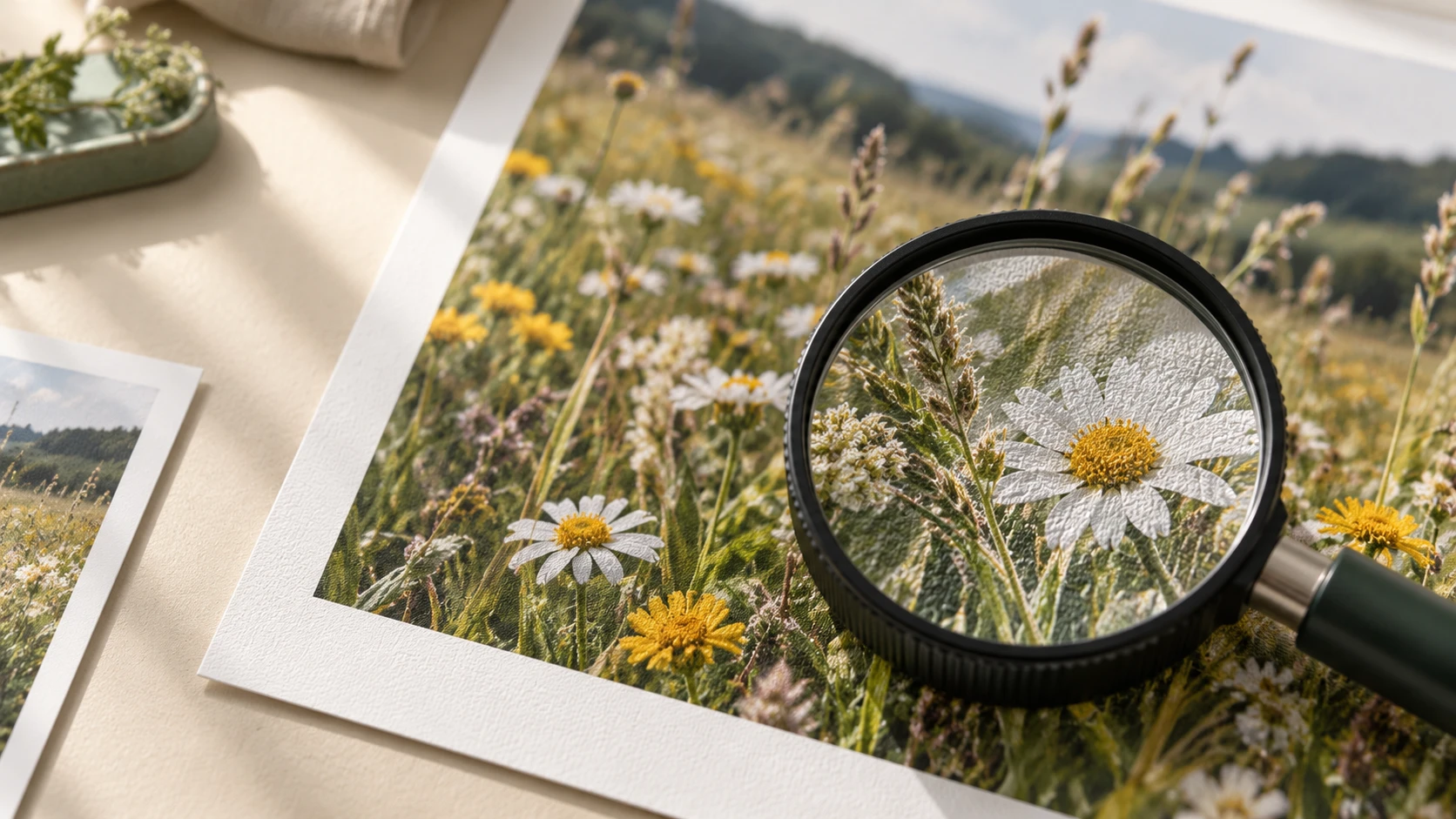 Lupa que revela el detalle de una flor en una foto de campo impresa