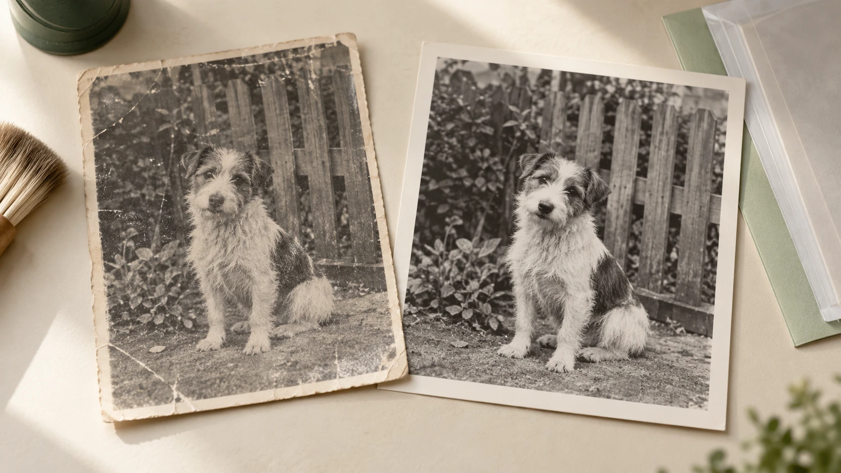 Restaurar foto antigua: perro en blanco y negro con arañazos junto a la versión restaurada