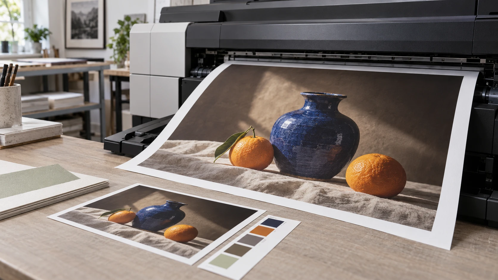 Impresora que produce la foto de un jarrón azul y naranjas para una copia de prueba