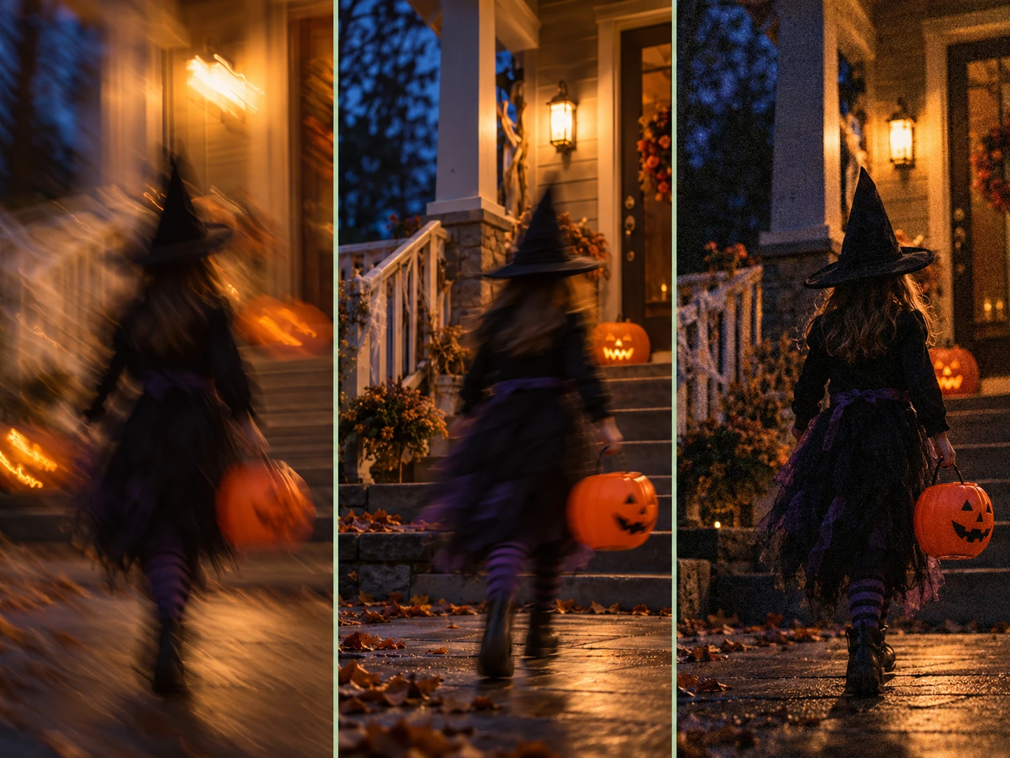 Drei typische Probleme bei Halloween-Fotos bei wenig Licht: Verwacklung, bewegtes Motiv und Körnung