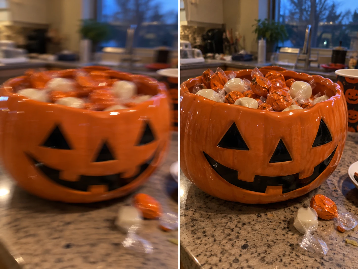 Halloween-Süßigkeitenschale mit dem Handy fotografiert, links unscharf und rechts klarer