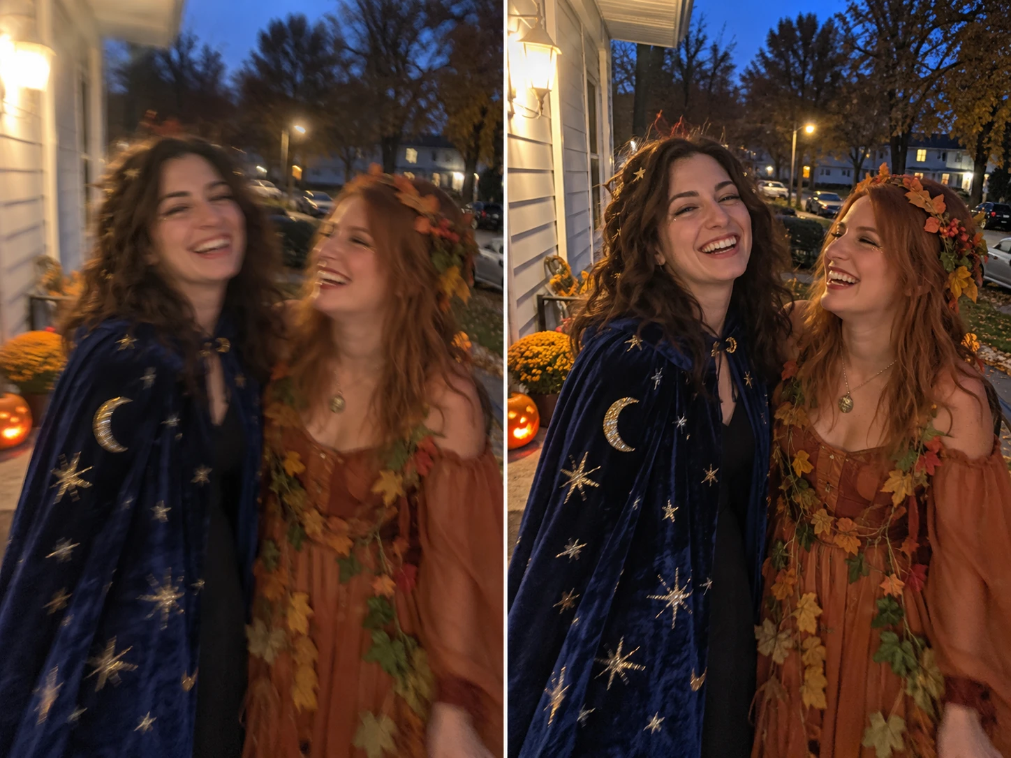 Zwei Freunde in Halloween-Kostümen, im Handyfoto links unscharf und rechts klarer