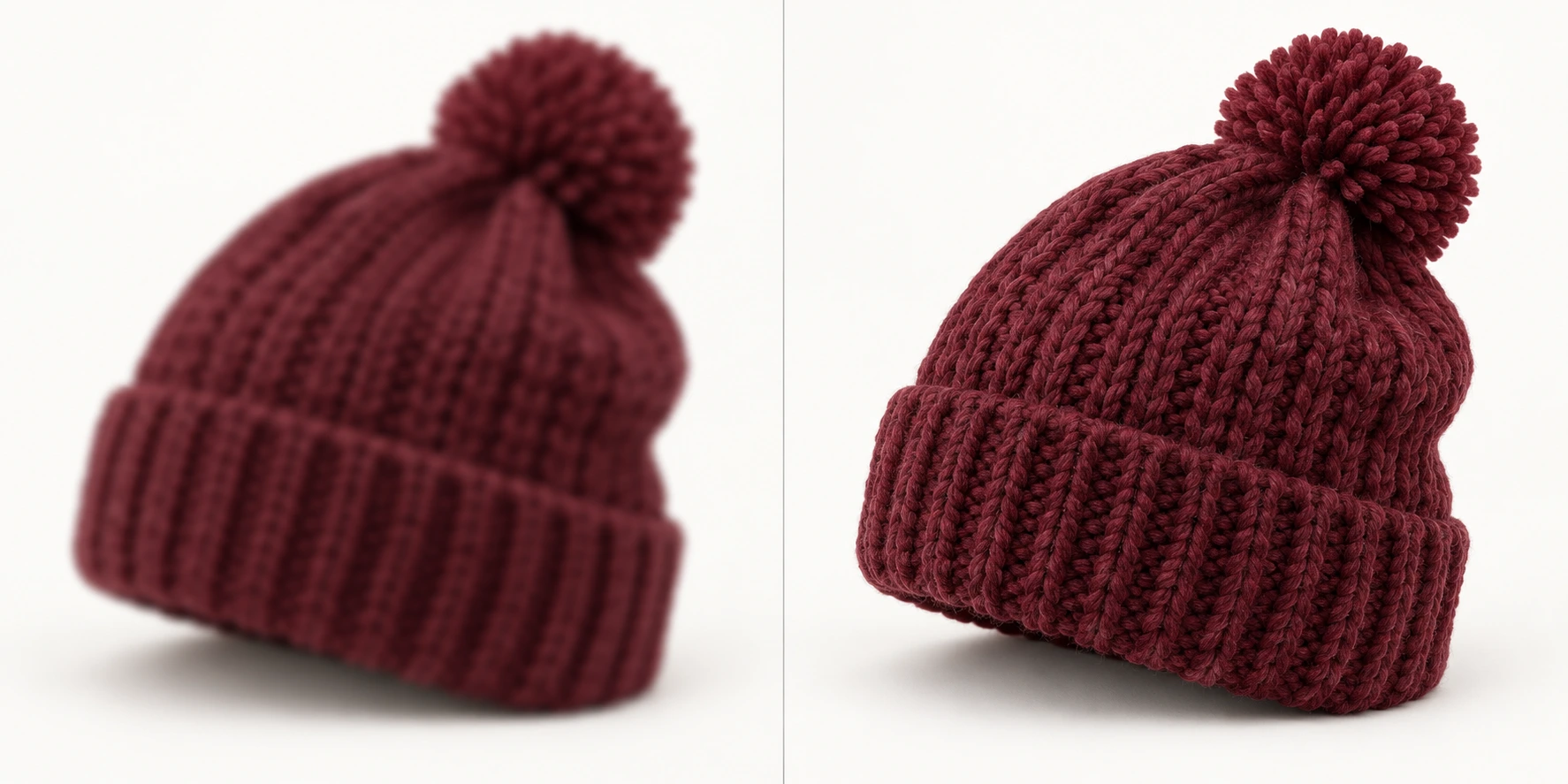 Un bonnet d'hiver en maille bordeaux, flou à gauche et net à droite