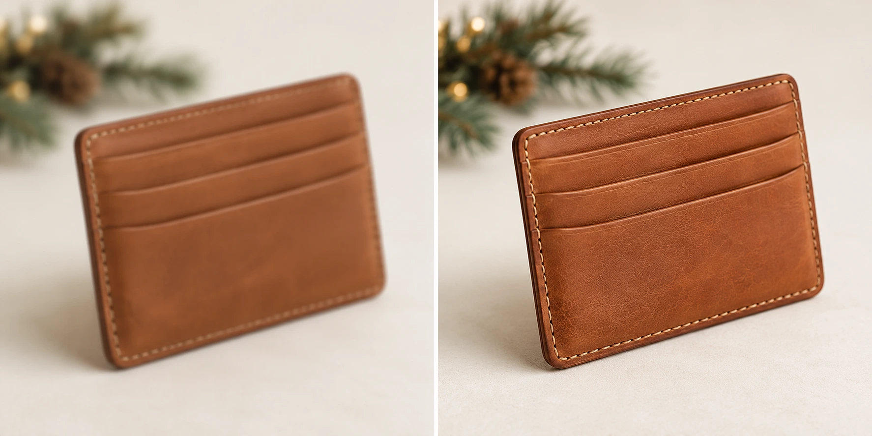 Un porte-cartes en cuir fauve, flou à gauche et net à droite, avec la même forme et les mêmes coutures