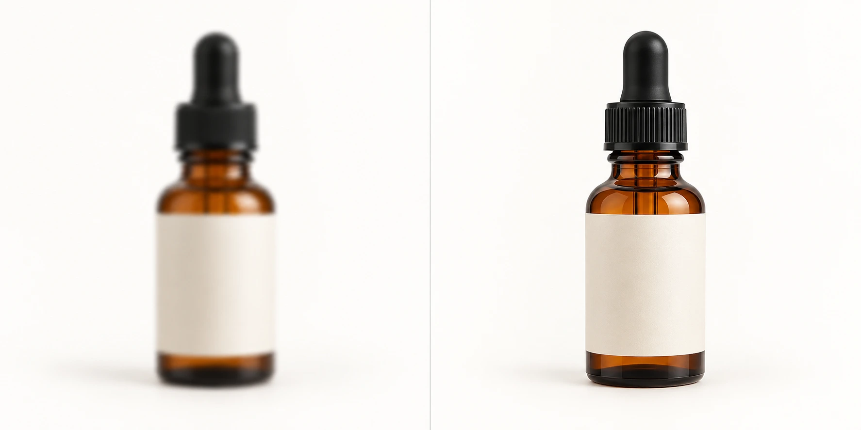 Photo produit cosmétique : un flacon de sérum en verre ambré, flou à gauche et net à droite sur un fond uni